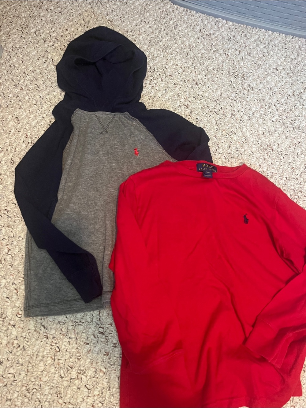Polo by Ralph Lauren boys Red Crewneck Sweater with Navy & Gray Hoodie Combo